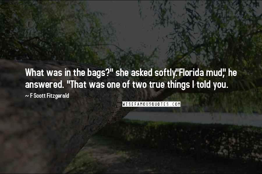 F Scott Fitzgerald Quotes: What was in the bags?" she asked softly."Florida mud," he answered. "That was one of two true things I told you.