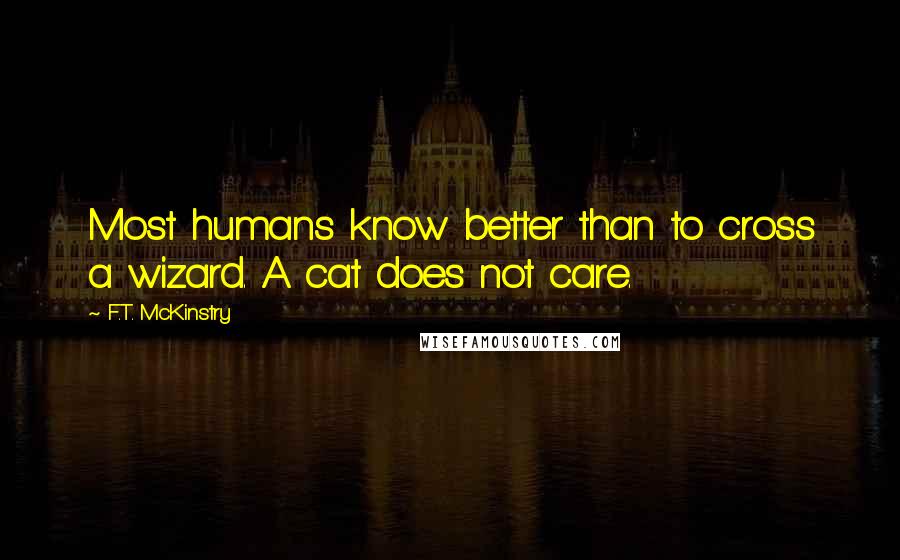 F.T. McKinstry Quotes: Most humans know better than to cross a wizard. A cat does not care.