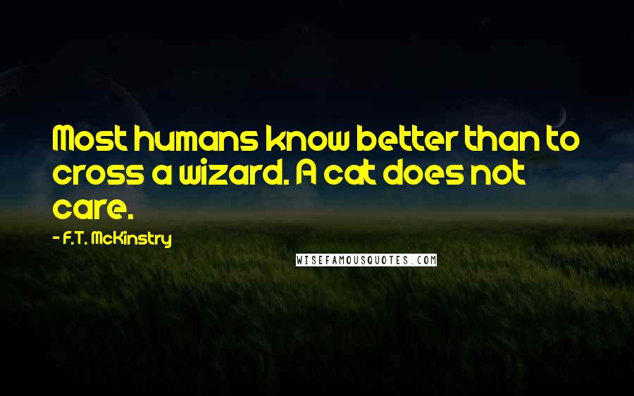 F.T. McKinstry Quotes: Most humans know better than to cross a wizard. A cat does not care.