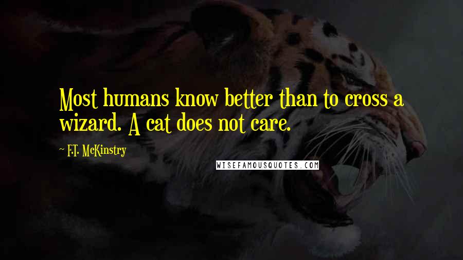 F.T. McKinstry Quotes: Most humans know better than to cross a wizard. A cat does not care.
