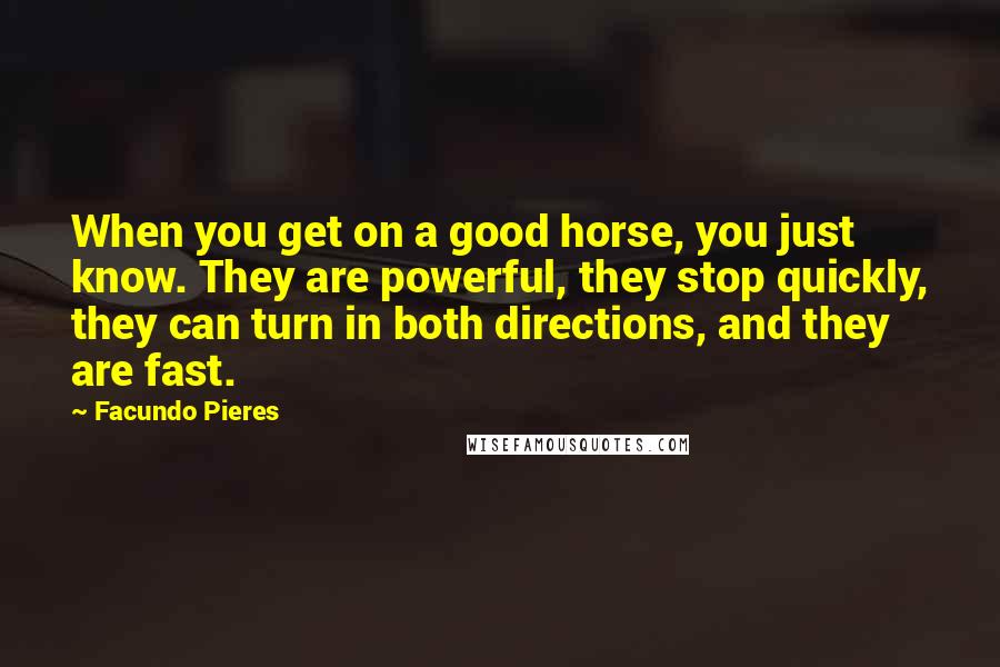Facundo Pieres Quotes: When you get on a good horse, you just know. They are powerful, they stop quickly, they can turn in both directions, and they are fast.