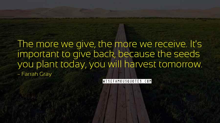 Farrah Gray Quotes: The more we give, the more we receive. It's important to give back, because the seeds you plant today, you will harvest tomorrow.