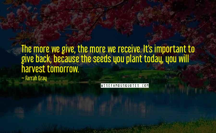 Farrah Gray Quotes: The more we give, the more we receive. It's important to give back, because the seeds you plant today, you will harvest tomorrow.