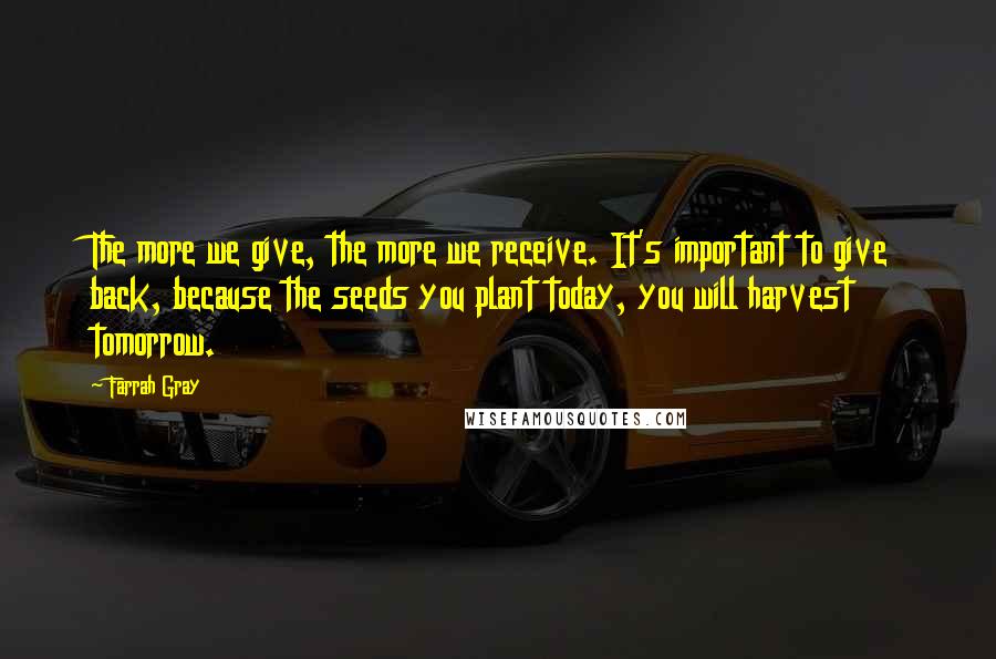 Farrah Gray Quotes: The more we give, the more we receive. It's important to give back, because the seeds you plant today, you will harvest tomorrow.