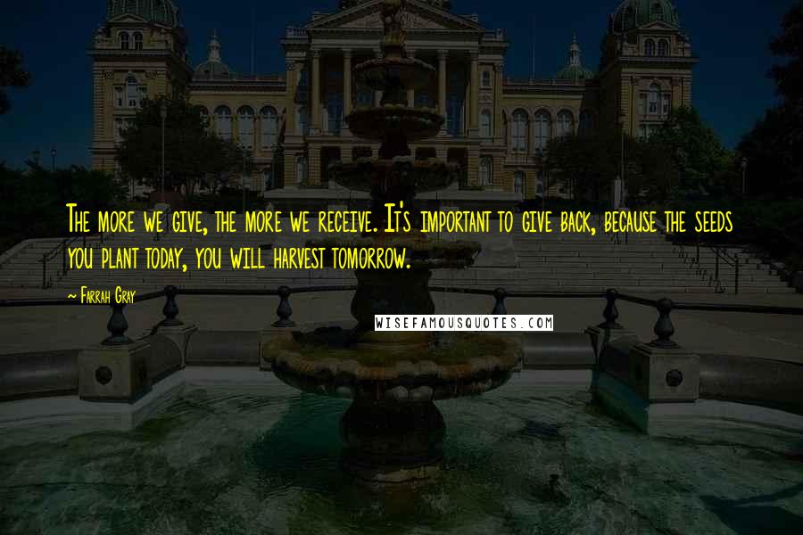 Farrah Gray Quotes: The more we give, the more we receive. It's important to give back, because the seeds you plant today, you will harvest tomorrow.