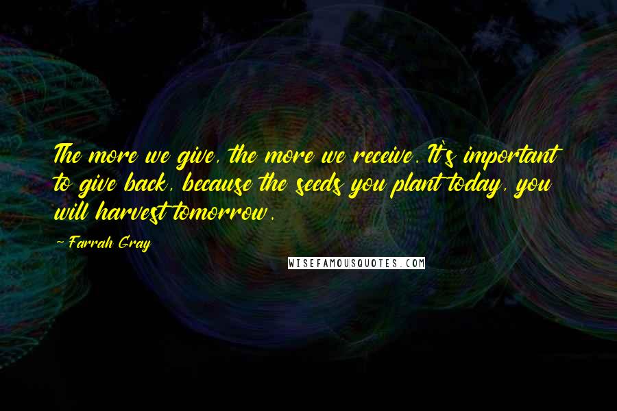 Farrah Gray Quotes: The more we give, the more we receive. It's important to give back, because the seeds you plant today, you will harvest tomorrow.