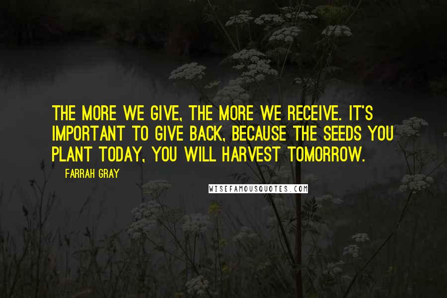 Farrah Gray Quotes: The more we give, the more we receive. It's important to give back, because the seeds you plant today, you will harvest tomorrow.