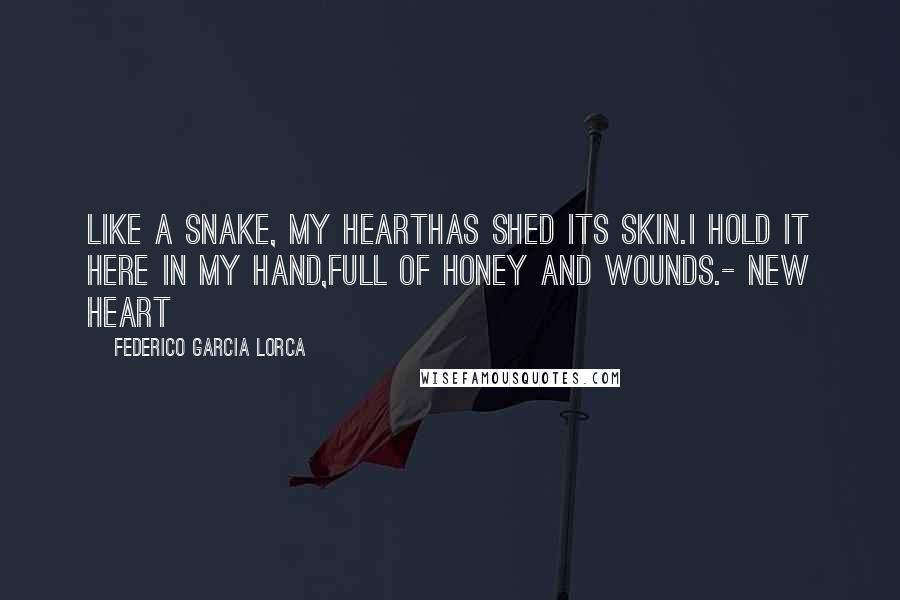 Federico Garcia Lorca Quotes: Like a snake, my hearthas shed its skin.I hold it here in my hand,full of honey and wounds.- New Heart