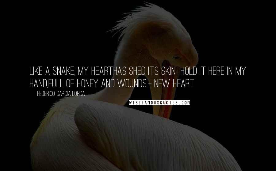 Federico Garcia Lorca Quotes: Like a snake, my hearthas shed its skin.I hold it here in my hand,full of honey and wounds.- New Heart