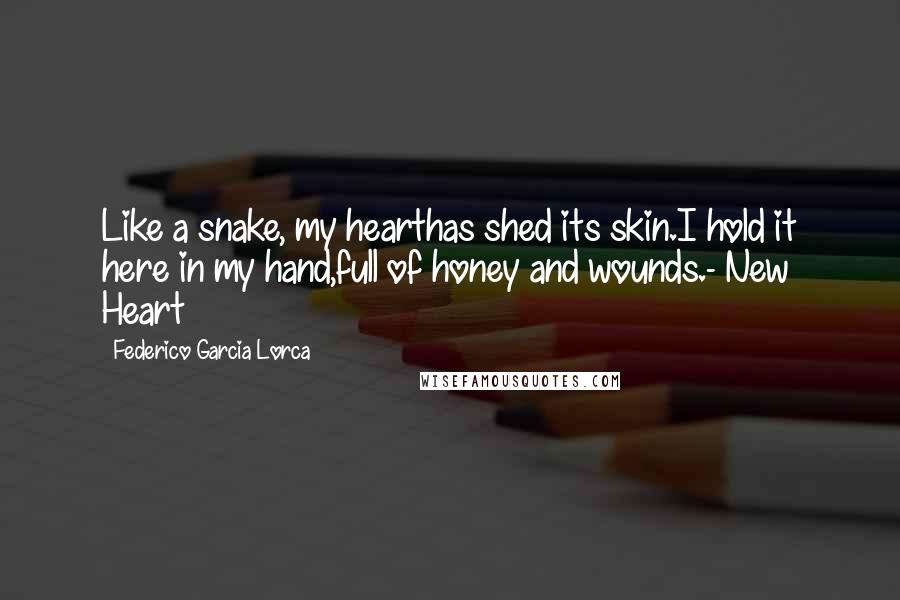 Federico Garcia Lorca Quotes: Like a snake, my hearthas shed its skin.I hold it here in my hand,full of honey and wounds.- New Heart