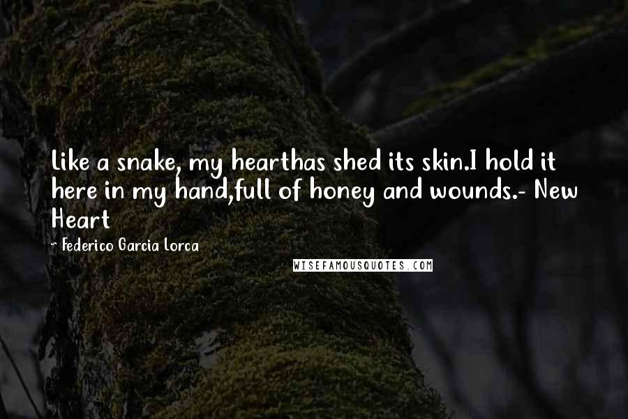 Federico Garcia Lorca Quotes: Like a snake, my hearthas shed its skin.I hold it here in my hand,full of honey and wounds.- New Heart