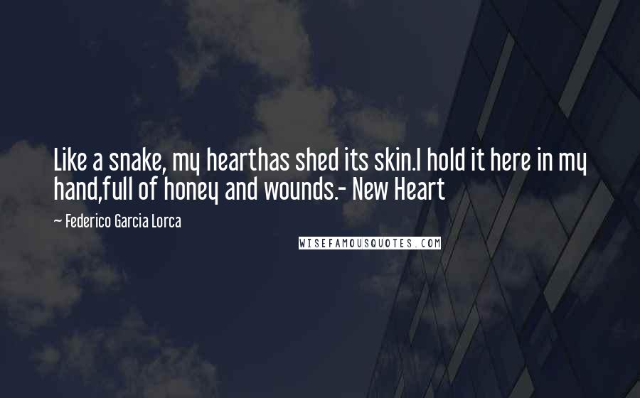 Federico Garcia Lorca Quotes: Like a snake, my hearthas shed its skin.I hold it here in my hand,full of honey and wounds.- New Heart