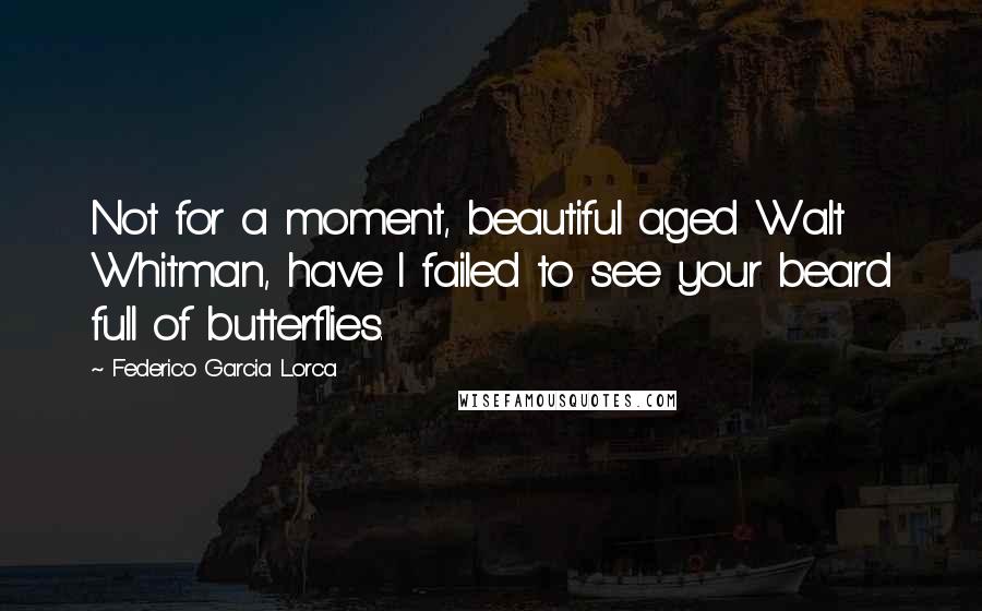 Federico Garcia Lorca Quotes: Not for a moment, beautiful aged Walt Whitman, have I failed to see your beard full of butterflies.