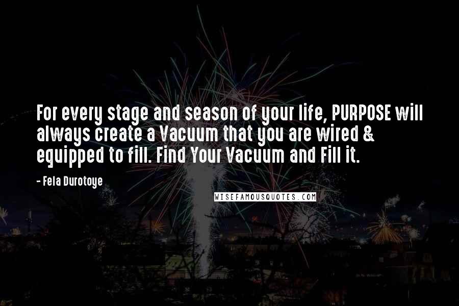 Fela Durotoye Quotes: For every stage and season of your life, PURPOSE will always create a Vacuum that you are wired & equipped to fill. Find Your Vacuum and Fill it.