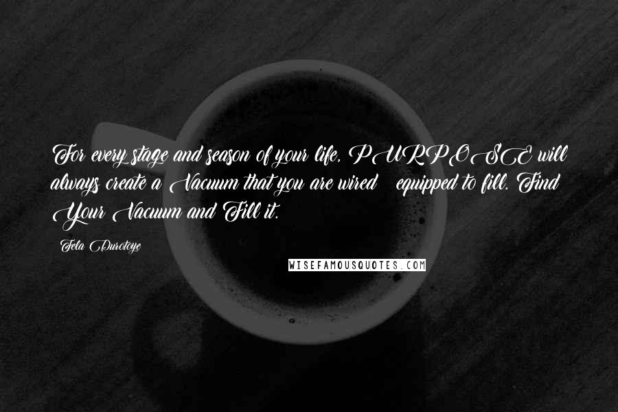 Fela Durotoye Quotes: For every stage and season of your life, PURPOSE will always create a Vacuum that you are wired & equipped to fill. Find Your Vacuum and Fill it.