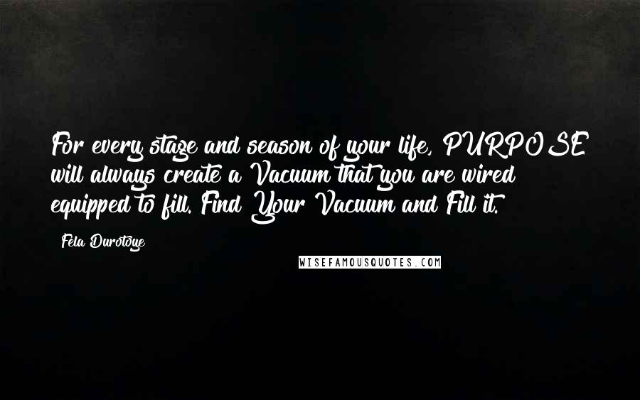 Fela Durotoye Quotes: For every stage and season of your life, PURPOSE will always create a Vacuum that you are wired & equipped to fill. Find Your Vacuum and Fill it.