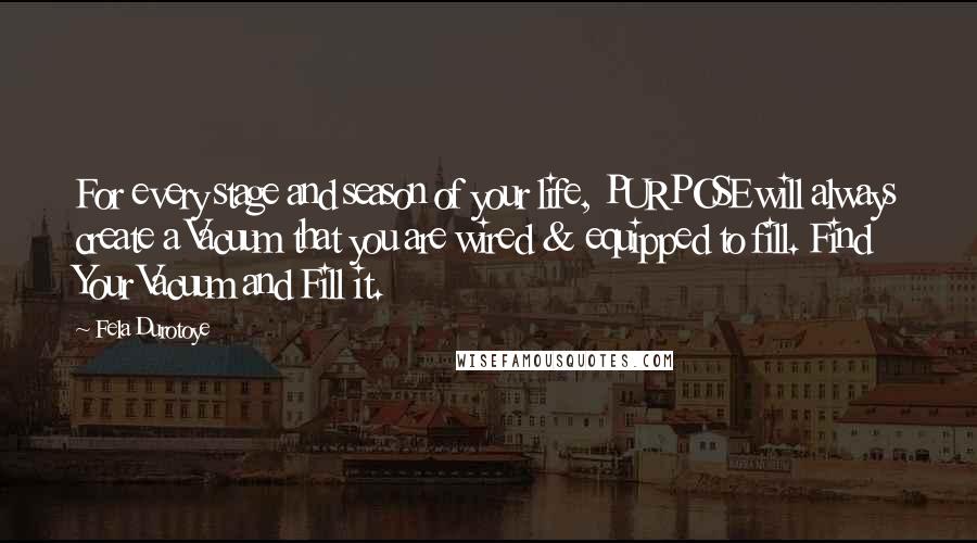 Fela Durotoye Quotes: For every stage and season of your life, PURPOSE will always create a Vacuum that you are wired & equipped to fill. Find Your Vacuum and Fill it.