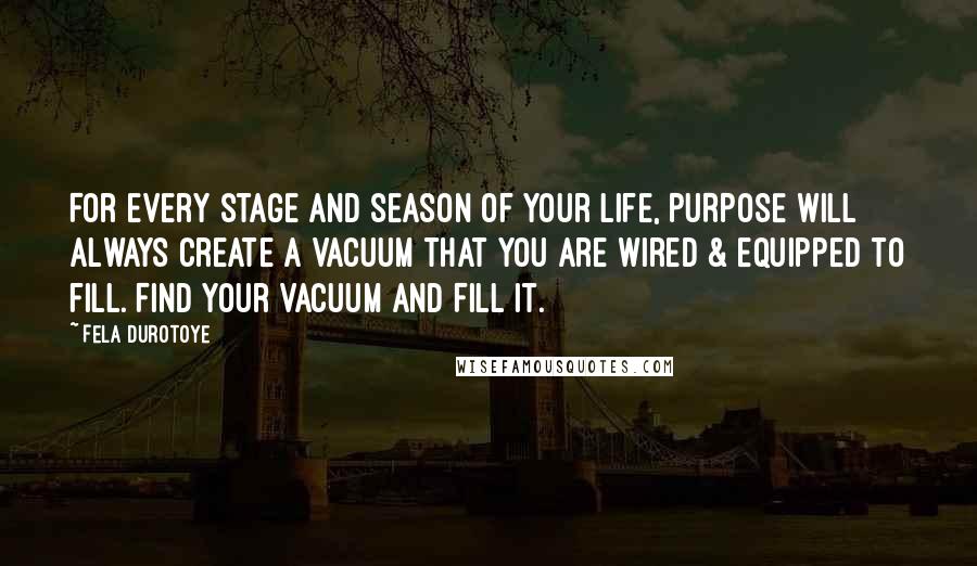 Fela Durotoye Quotes: For every stage and season of your life, PURPOSE will always create a Vacuum that you are wired & equipped to fill. Find Your Vacuum and Fill it.