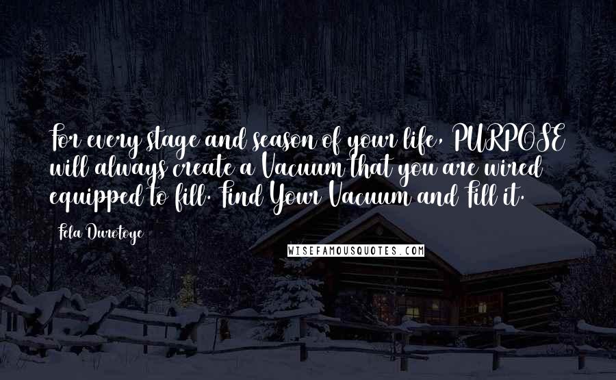 Fela Durotoye Quotes: For every stage and season of your life, PURPOSE will always create a Vacuum that you are wired & equipped to fill. Find Your Vacuum and Fill it.