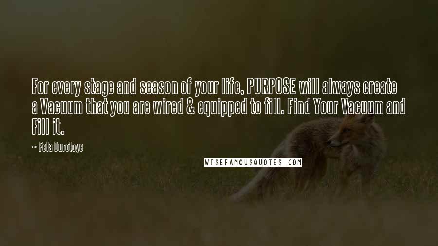 Fela Durotoye Quotes: For every stage and season of your life, PURPOSE will always create a Vacuum that you are wired & equipped to fill. Find Your Vacuum and Fill it.