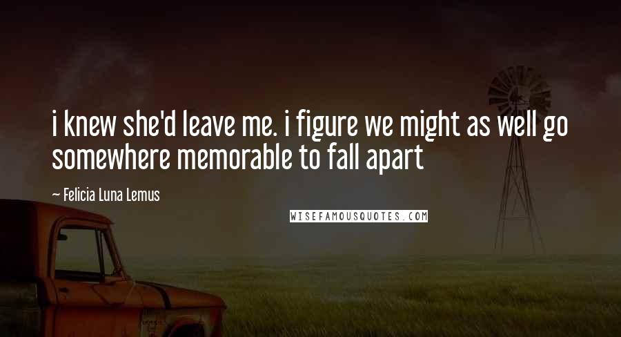 Felicia Luna Lemus Quotes: i knew she'd leave me. i figure we might as well go somewhere memorable to fall apart