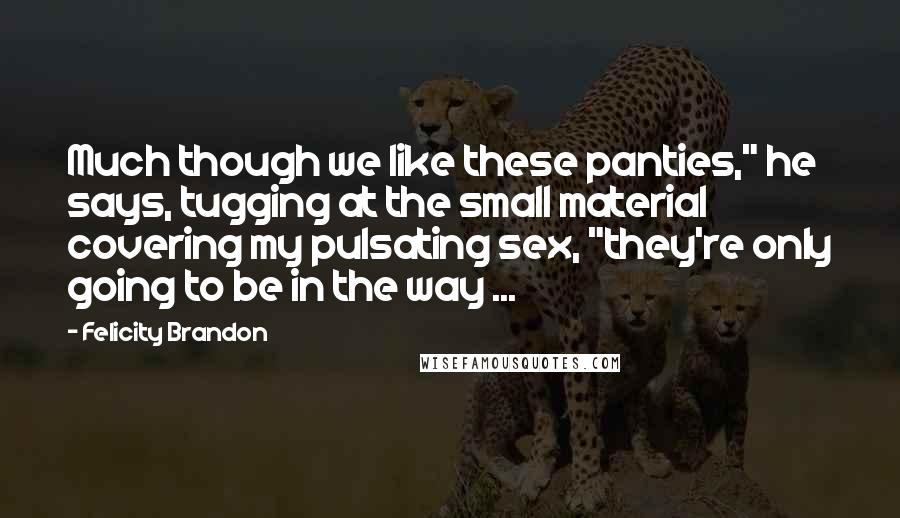 Felicity Brandon Quotes: Much though we like these panties," he says, tugging at the small material covering my pulsating sex, "they're only going to be in the way ...