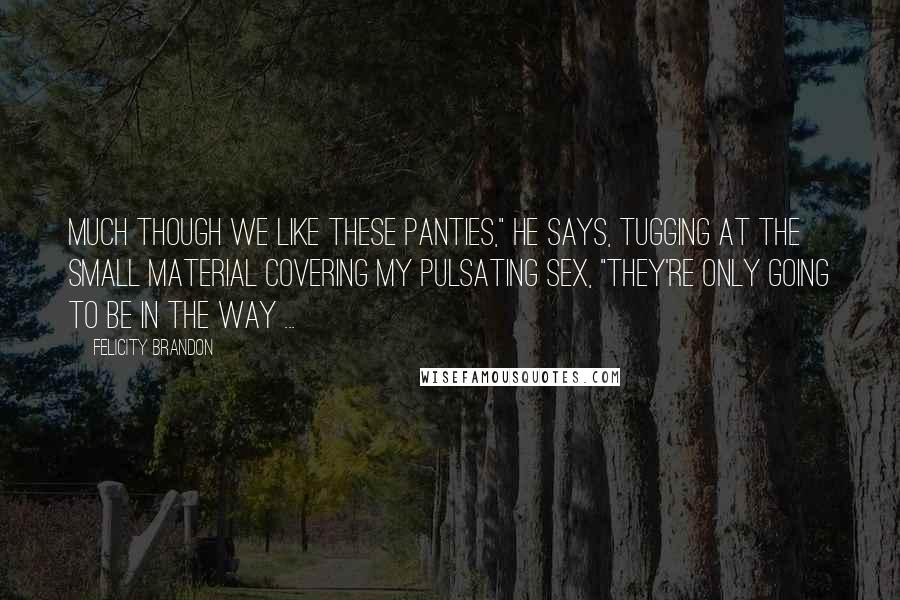 Felicity Brandon Quotes: Much though we like these panties," he says, tugging at the small material covering my pulsating sex, "they're only going to be in the way ...