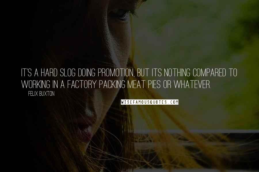 Felix Buxton Quotes: It's a hard slog doing promotion, but its nothing compared to working in a factory packing meat pies or whatever.