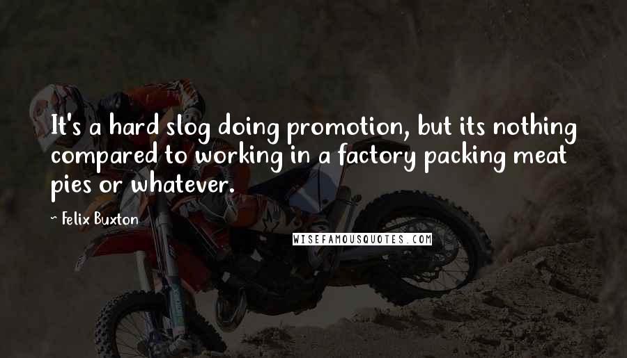 Felix Buxton Quotes: It's a hard slog doing promotion, but its nothing compared to working in a factory packing meat pies or whatever.