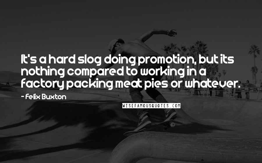 Felix Buxton Quotes: It's a hard slog doing promotion, but its nothing compared to working in a factory packing meat pies or whatever.