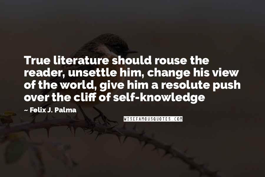 Felix J. Palma Quotes: True literature should rouse the reader, unsettle him, change his view of the world, give him a resolute push over the cliff of self-knowledge