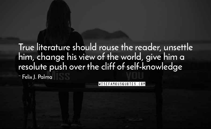 Felix J. Palma Quotes: True literature should rouse the reader, unsettle him, change his view of the world, give him a resolute push over the cliff of self-knowledge