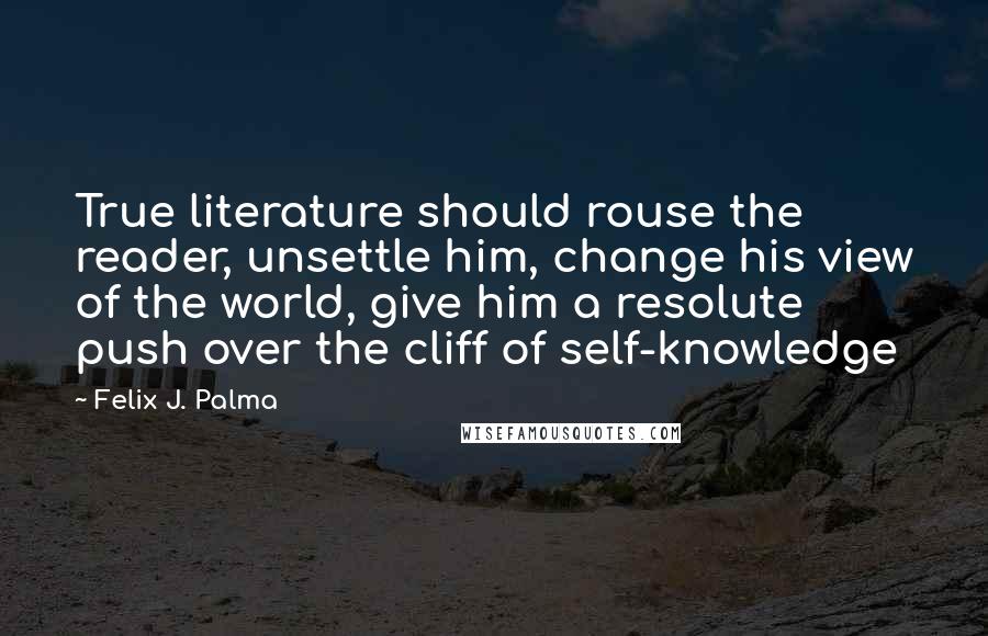 Felix J. Palma Quotes: True literature should rouse the reader, unsettle him, change his view of the world, give him a resolute push over the cliff of self-knowledge