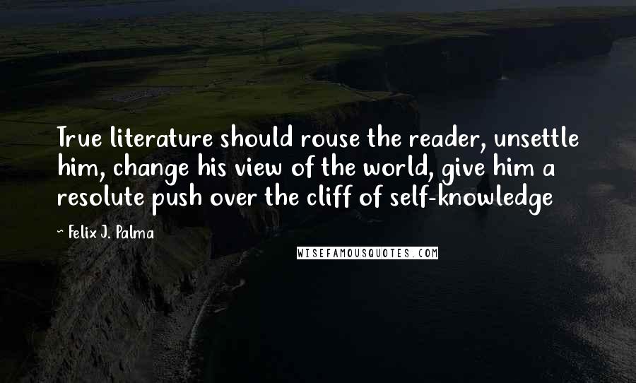 Felix J. Palma Quotes: True literature should rouse the reader, unsettle him, change his view of the world, give him a resolute push over the cliff of self-knowledge