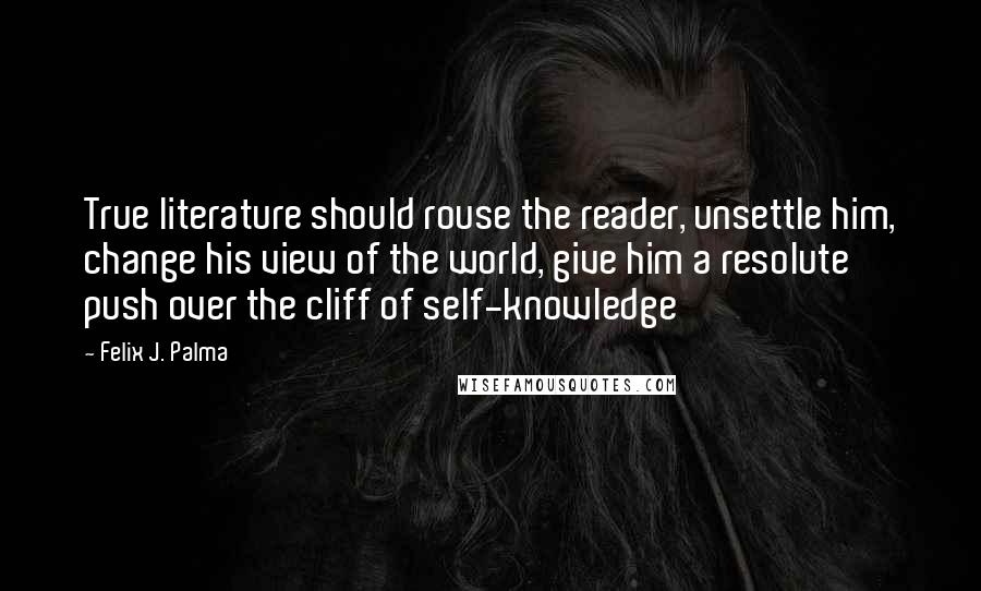 Felix J. Palma Quotes: True literature should rouse the reader, unsettle him, change his view of the world, give him a resolute push over the cliff of self-knowledge