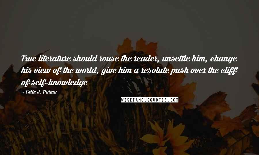 Felix J. Palma Quotes: True literature should rouse the reader, unsettle him, change his view of the world, give him a resolute push over the cliff of self-knowledge