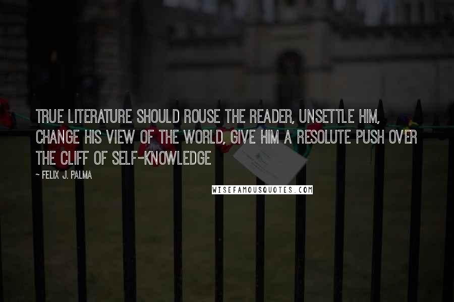 Felix J. Palma Quotes: True literature should rouse the reader, unsettle him, change his view of the world, give him a resolute push over the cliff of self-knowledge