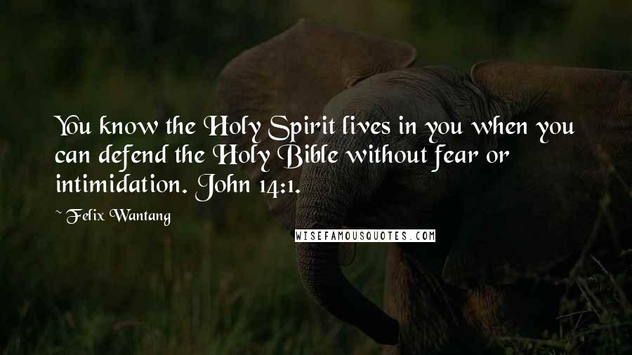 Felix Wantang Quotes: You know the Holy Spirit lives in you when you can defend the Holy Bible without fear or intimidation. John 14:1.