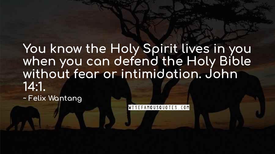 Felix Wantang Quotes: You know the Holy Spirit lives in you when you can defend the Holy Bible without fear or intimidation. John 14:1.