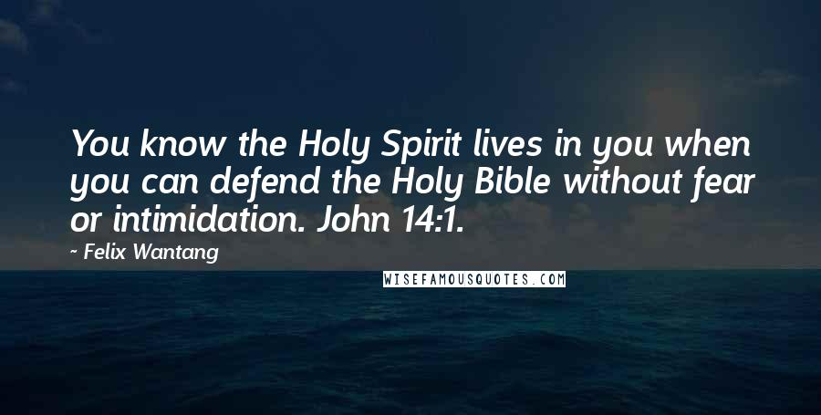Felix Wantang Quotes: You know the Holy Spirit lives in you when you can defend the Holy Bible without fear or intimidation. John 14:1.