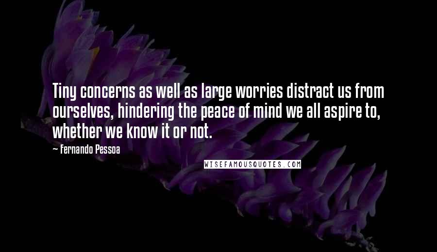 Fernando Pessoa Quotes: Tiny concerns as well as large worries distract us from ourselves, hindering the peace of mind we all aspire to, whether we know it or not.