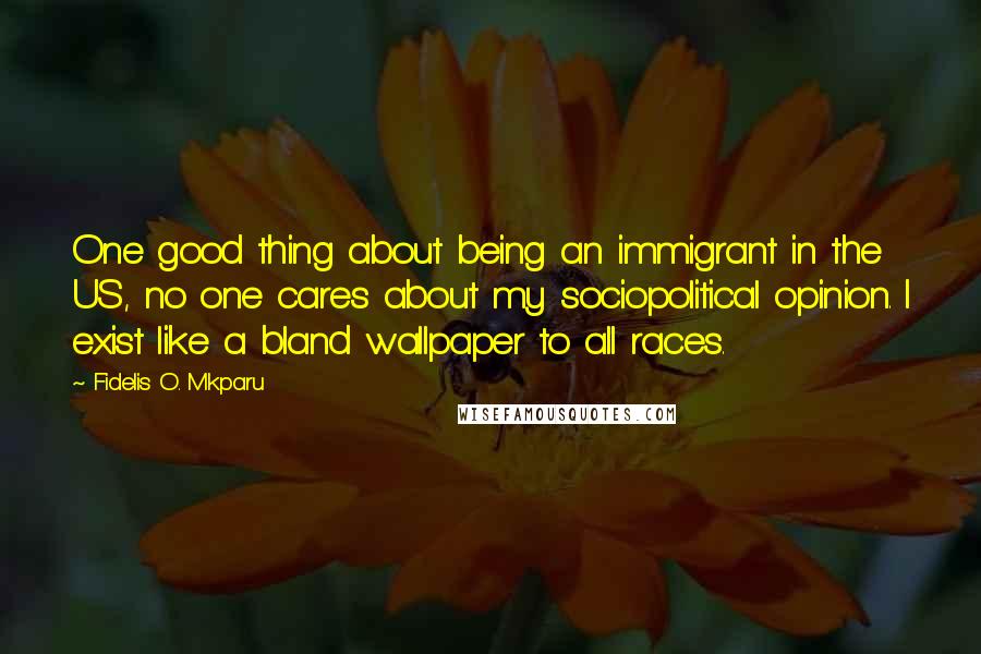 Fidelis O. Mkparu Quotes: One good thing about being an immigrant in the US, no one cares about my sociopolitical opinion. I exist like a bland wallpaper to all races.