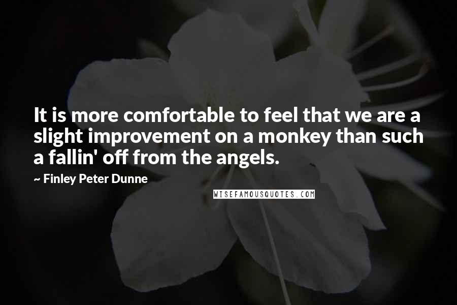 Finley Peter Dunne Quotes: It is more comfortable to feel that we are a slight improvement on a monkey than such a fallin' off from the angels.