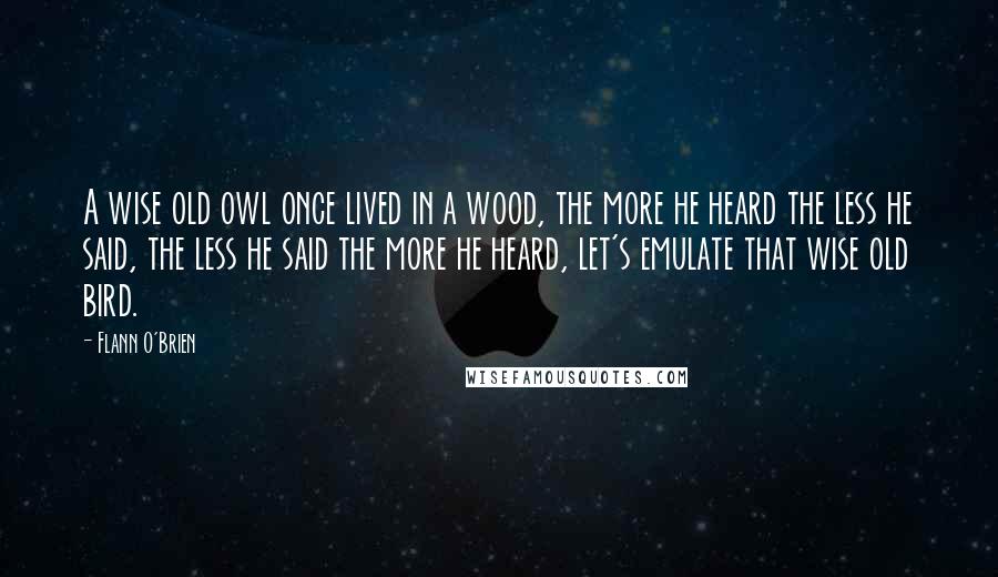 Flann O'Brien Quotes: A wise old owl once lived in a wood, the more he heard the less he said, the less he said the more he heard, let's emulate that wise old bird.