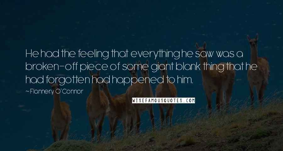 Flannery O'Connor Quotes: He had the feeling that everything he saw was a broken-off piece of some giant blank thing that he had forgotten had happened to him.