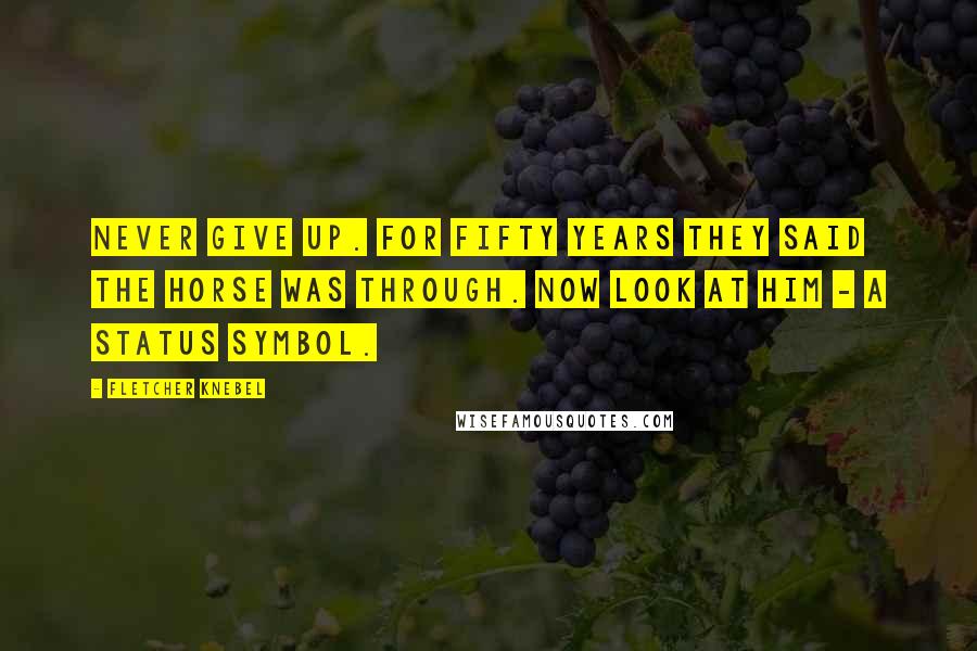 Fletcher Knebel Quotes: Never give up. For fifty years they said the horse was through. Now look at him - a status symbol.