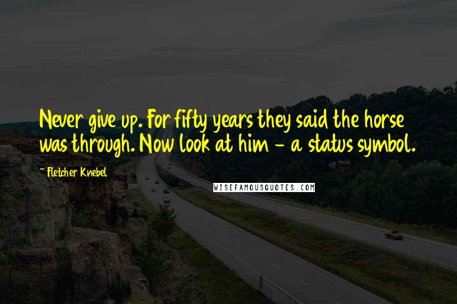 Fletcher Knebel Quotes: Never give up. For fifty years they said the horse was through. Now look at him - a status symbol.