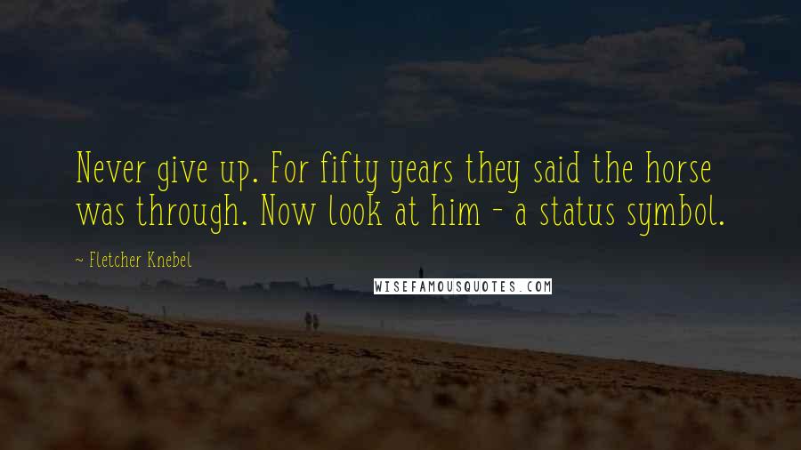 Fletcher Knebel Quotes: Never give up. For fifty years they said the horse was through. Now look at him - a status symbol.