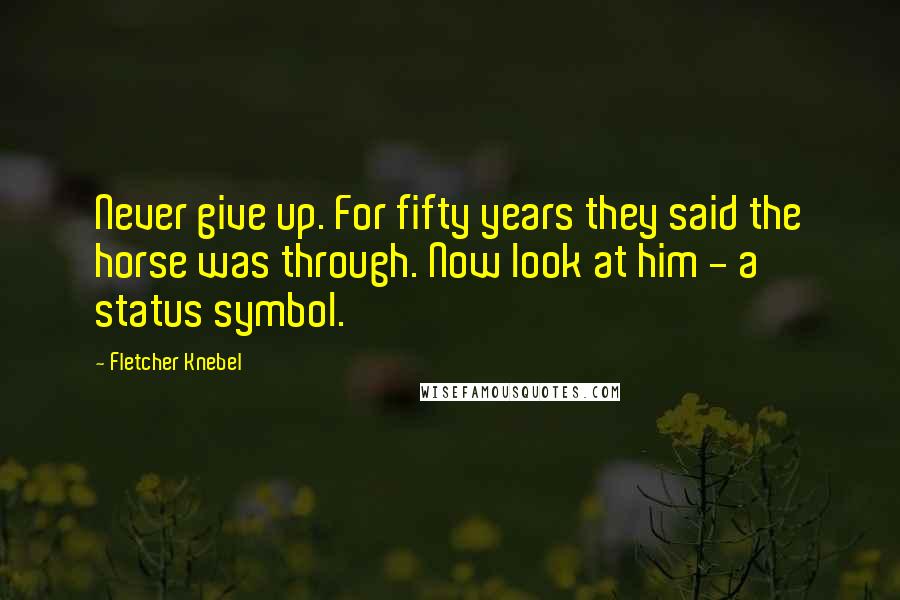 Fletcher Knebel Quotes: Never give up. For fifty years they said the horse was through. Now look at him - a status symbol.