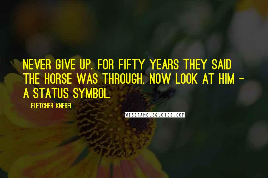 Fletcher Knebel Quotes: Never give up. For fifty years they said the horse was through. Now look at him - a status symbol.